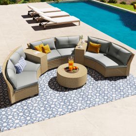 [VIDEO provided] 6 - Person Fan-shaped Rattan Suit Combination with Cushions and Table; Suitable for Garden - Gray