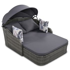 79.9" Outdoor Sunbed with Adjustable Canopy; Double lounge; PE Rattan Daybed; White Wicker; Gray Cushion - Gray