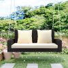 2-Person Wicker Hanging Porch Swing with Chains;  Cushion;  Pillow;  Rattan Swing Bench for Garden;  Backyard;  Pond. - Brown