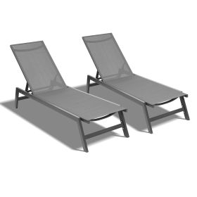 Outdoor 2-Pcs Set Chaise Lounge Chairs; Five-Position Adjustable Aluminum Recliner; All Weather for Patio; Beach; Yard; Pool  - Gray