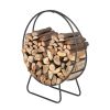 24-Inch Black Steel Indoor/Outdoor Firewood Log Hoop Rack - Round Tubular Metal Wood Storage Holder - Outside and Inside Fireplace Accessory - Black