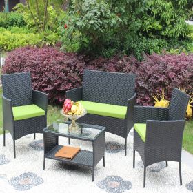 4 PC Rattan Patio Furniture Set Outdoor Patio Cushioned Seat Wicker Sofa (green Cushion) - as Pic