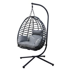 Outdoor Wicker Swing Chair With Stand for Balcony; 37"Lx35"Dx78"H (Grey) - Grey