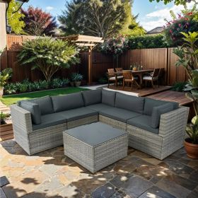 6 Pieces PE Rattan sectional Outdoor Furniture Cushioned Sofa set Grey Wicker, Dark Grey Cushion - as Pic