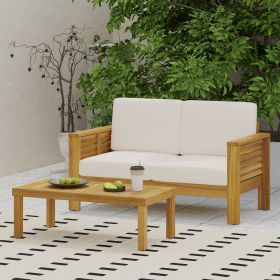 Teak Acacia Wood Loveseat and Coffee Table Set with Cream Cushions - as Pic