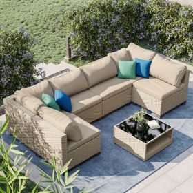 7-Piece Patio Furniture Set, All-Weather Boho Outdoor Conversation Set Sectional Sofa with Water Resistant Grey Thick Cushions - as Pic