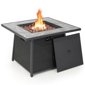 35 Inch Propane Gas Fire Pit Table Wicker Rattan with Lava Rocks PVC Cover - Black