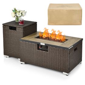 32 x 20 Inch Propane Rattan Fire Pit Table Set with Side Table Tank and Cover - Brown