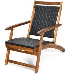 Patio Rattan Folding Lounge Chair with Acacia Wooden Frame Retractable Footrest - Mix brown