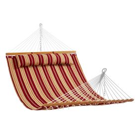 VEVOR Double Quilted Fabric Hammock with Hardwood Spreader Bar Detachable Pillow - Red and Orange - Without Bracket