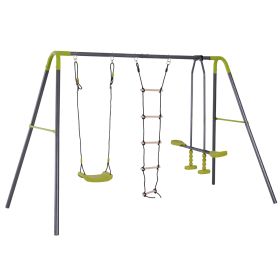 3 in 1 Kids Metal Swing Set for Backyard with Swing Seat, Glider and Climbing Ladder, Heavy Duty Metal Frame for 4 Children - as Pic