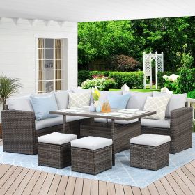 7-Pieces PE Rattan Wicker Patio Dining Sectional Cusions Sofa Set with Grey cushions - as Pic