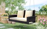 2-Person Wicker Hanging Porch Swing with Chains;  Cushion;  Pillow;  Rattan Swing Bench for Garden;  Backyard;  Pond. - Brown