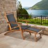 Patio Rattan Folding Lounge Chair with Acacia Wooden Frame Retractable Footrest - Mix brown