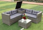 4 Piece Patio Sectional Wicker Rattan Outdoor Furniture Sofa Set with Storage Box Grey - as Pic