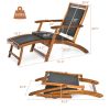 Patio Rattan Folding Lounge Chair with Acacia Wooden Frame Retractable Footrest - Mix brown