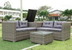 4 Piece Patio Sectional Wicker Rattan Outdoor Furniture Sofa Set with Storage Box Grey - as Pic